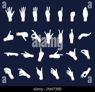Human hands gestures flat set with isolated icons of white palm hands raising fingers showing flourishes vector illustration Stock Vector