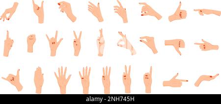 Human hands gestures flat set with isolated icons of feminine hand with fingernails covered with enamel vector illustration Stock Vector