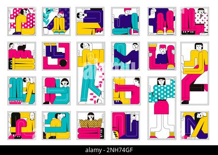 Claustrophobia color set of people in twisted poses locked in small place flat vector illustration Stock Vector