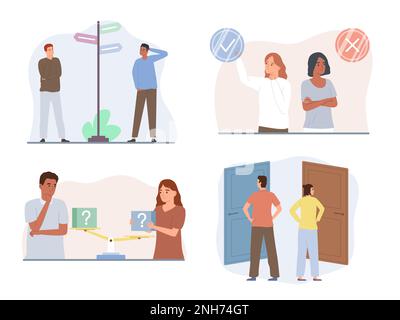 Decision making concept set with people choosing right path or answer flat isolated vector illustration Stock Vector