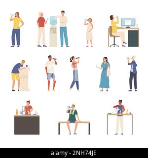 People drinking water from glass and bottle flat icons set isolated vector illustration Stock Vector