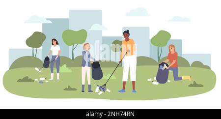 People picking and sorting garbage in public park flat vector illustration Stock Vector