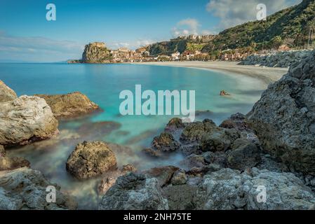 Scilla beach with the town in the background, Calabria Stock Photo