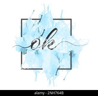 Calligraphic lowercase letters O and K are written in a solid line on a colored background in a frame Stock Vector