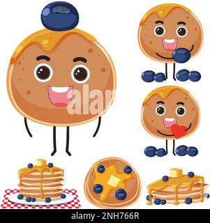 Blueberry pancake elements set illustration Stock Vector