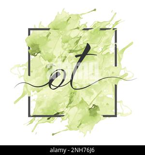 Calligraphic lowercase letters O and T are written in a solid line on a colored background in a frame Stock Vector