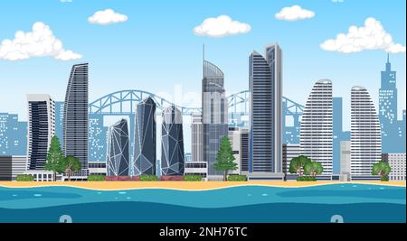 Urban landscape with high skyscrapers Gold Coast Australia illustration ...