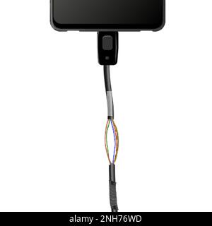 Damaged charger cable with smartphone on white background realistic vector illustration Stock Vector