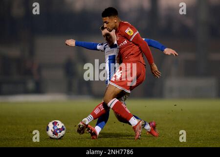 Matt Jay of Colchester United does battle with Brandon Comley of Walsall - Colchester United v Walsall, Sky Bet League Two, JobServe Community Stadium, Colchester, UK - 14th February 2022  Editorial Use Only - DataCo restrictions apply Stock Photo