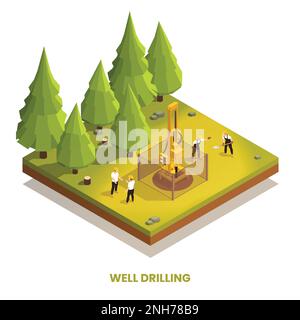 Well drilling in forest composition with machinery and workers 3d isometric vector illustration Stock Vector