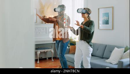 Vr gaming, young couple and virtual headset for metaverse experience at home playing game or interactive movie. Futuristic technology, 3d and virtual Stock Photo