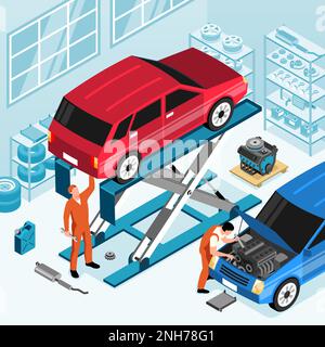 Isometric car repair concept with mechanics in auto service vector illustration Stock Vector