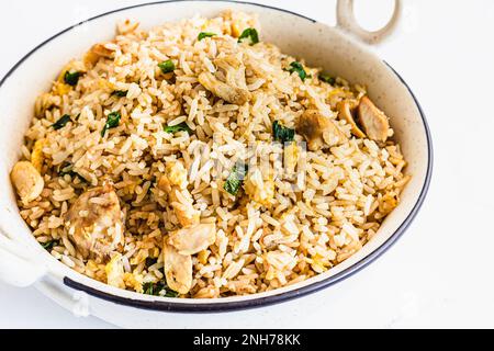 Fried Rice with Condiment, White Background, Top Down, Asian Food Close Up Photo Stock Photo