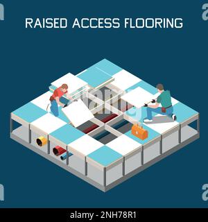 Raised access flooring isometric  background with workers installing  modules above hidden cables and pipes vector illustration Stock Vector