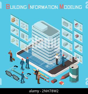Building information modeling concept  isometric background with modern building standing on smartphone screen 3d vector illustration Stock Vector