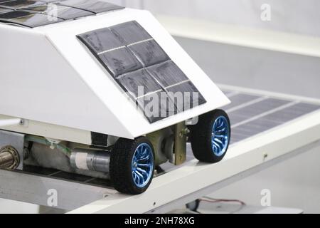 Prototype of a small mechanical rover that in run on wheels attached to a dc motor and powered by sun using multiple solar panels Stock Photo