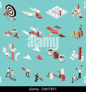 Business competition isometric set with arrows target rocket launcher chess board icons isolated vector illustration Stock Vector