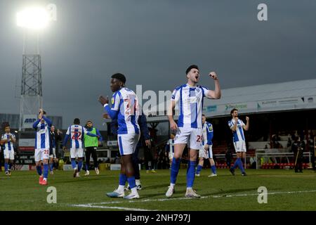 Connor Hall of Colchester United celebrates at the final whistle - Grimsby Town v Colchester United, Sky Bet League Two, Blundell Park, Cleethorpes, UK - 11th February 2023  Editorial Use Only - DataCo restrictions apply Stock Photo