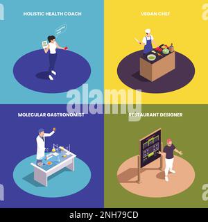 Isometric modern food industry professions 2x2 design concept set with health coach vegan chef molecular gastronomist and restaurant designer isolated Stock Vector