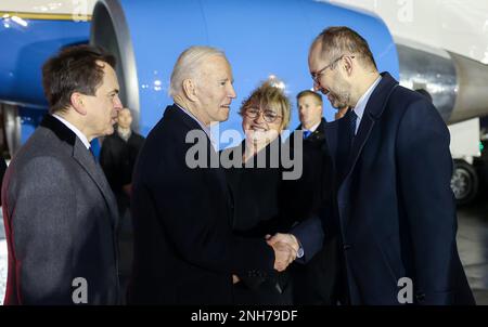 Warsaw, Poland. 20th Feb, 2023. US President Joe Biden is welcomed by Polish officials as he arrives at a military airport in Warsaw, Poland, Monday, Feb. 20, 2023. Photo by Marek Borawski/KPRP/UPI Credit: UPI/Alamy Live News Stock Photo