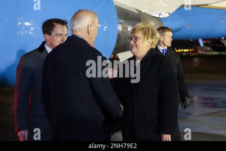 Warsaw, Poland. 20th Feb, 2023. US President Joe Biden is welcomed by Polish officials as he arrives at a military airport in Warsaw, Poland, Monday, Feb. 20, 2023. Photo by Marek Borawski/KPRP/UPI Credit: UPI/Alamy Live News Stock Photo