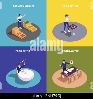 Isometric food industry professions 2x2 design concept with farmer stylist critic and lawyer on colorful backgrounds 3d isolated vector illustration Stock Vector