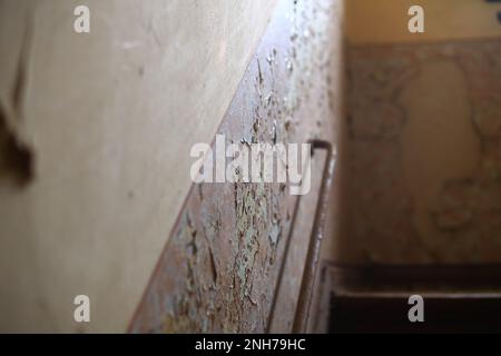 Destroyed wallpaper and staircase railing in an abandoned building. Stock Photo