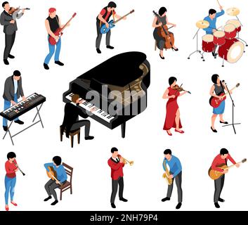 Isometric musicians icons set with people playing musical instruments and singing isolated vector illustration Stock Vector