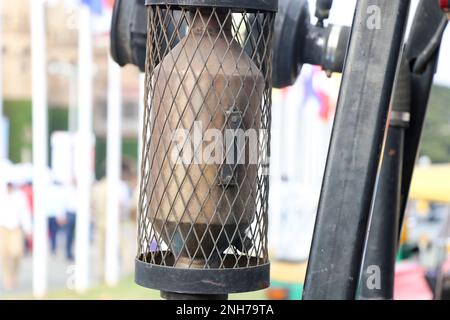 Exhaust pipe of a forklift crane is protected with a layer of steel mesh. Forklift vehicle parts Stock Photo