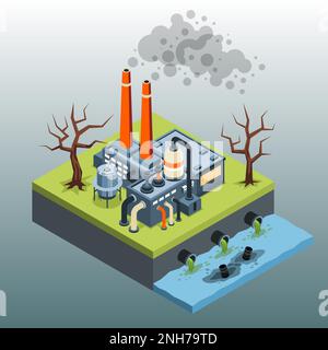 Isometric global environmental problems with plant polluting air and water vector illustration Stock Vector