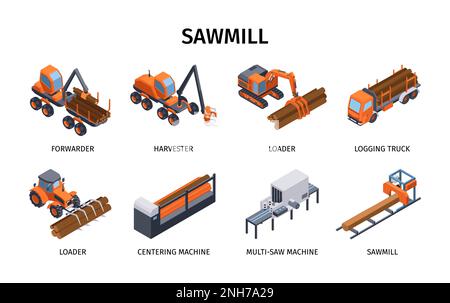 Isometric sawmill set with harvester loader and forwarder machines isolated vector illustration Stock Vector