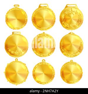 Gold medal mockup with laurel wreath and stars realistic set isolated on white background vector illustration Stock Vector