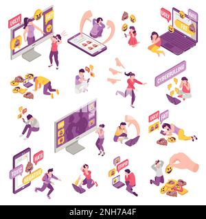 Isometric cyberbullying icons set with online violence and threats isolated vector illustration Stock Vector