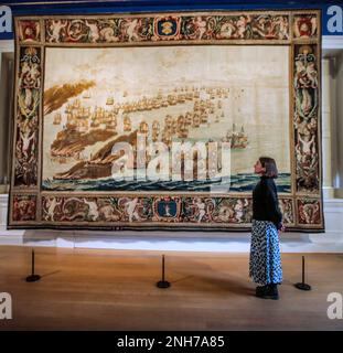 London UK 21 February 2023 The Solebay Tapestry, Not seen for 60 years goes on display at The Queens House  ,for the forthcoming exhibition The Van de Veldes: Greenwich, Art and the Sea. The engagement became known as the Battle of Solebay. .2 March 2023 – 14 January 2024 Paul Quezada-Neiman/Alamy Live News Stock Photo