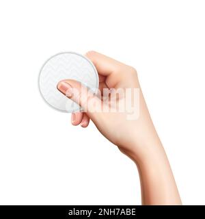 Realistic cosmetic cotton pads hand composition white pad in a womans hand on white background vector illustration Stock Vector