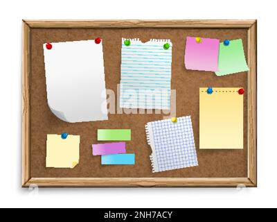 Cork board with wooden frame attached stickers and pinned sheets torn from notebook realistic vector illustration Stock Vector