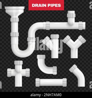 Plastic drain pipes transparent set of fittings for connection branching turns transitions isolated vector illustration Stock Vector