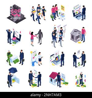 Isometric business crisis and economics recovery symbols isolated vector illustration Stock Vector