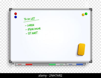 Magnetic marker whiteboard with erasing sponge pens and magnets on transparent background realistic vector illustration Stock Vector