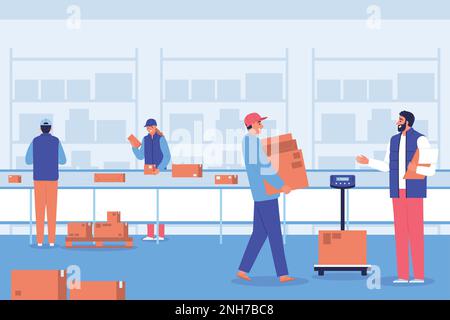 Post office delivery composition workers in the warehouse sort and carry parcels in the building vector illustration Stock Vector