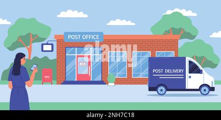 Post office delivery colored composition girl with the phone stands in front of the post office vector illustration Stock Vector