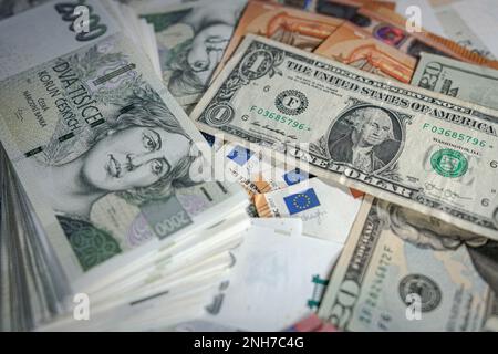 euro and czech crown and dollar banknotes of different value, in Prague, Czech Republic, January 30, 2023. (CTK Photo/Martin Macak Gregor) Stock Photo