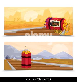 Dynamite bomb set of flat horizontal banners with outdoor landscape and railway track with timer bomb vector illustration Stock Vector