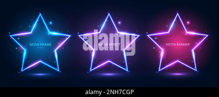 A set of neon frames in the shape of a star with shining effects and highlights on a dark blue background. Stock Vector