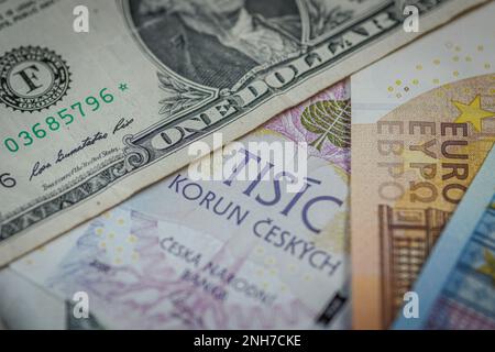 euro and czech crown and dollar banknotes of different value, in Prague, Czech Republic, January 30, 2023. (CTK Photo/Martin Macak Gregor) Stock Photo