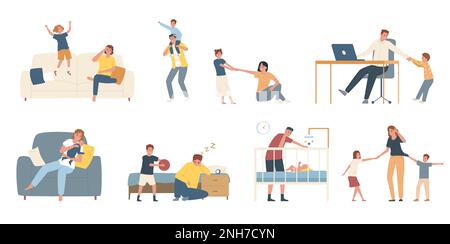 Stressed tired parents and playing children flat icons set isolated vector illustration Stock Vector