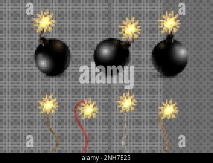 Round dynamite bomb realistic set with images of vintage bombs with burning fuse on transparent background vector illustration Stock Vector
