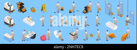 Isolated and isometric cleaning icon set with cleaner workers on job on blue background vector illustration Stock Vector