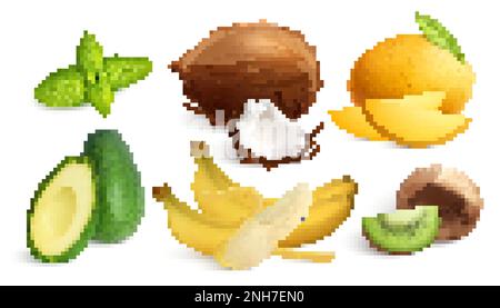 Exotic fruits mint realistic set with isolated images of solid ripe fruits and slices with shadows vector illustration Stock Vector