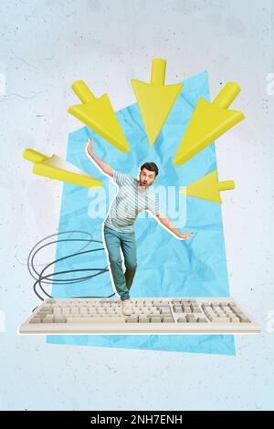 Vertical collage picture of arrows point mini impressed guy stand walk balancing huge keyboard isolated on painted background Stock Photo